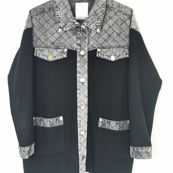 Sandro Paris Coat Size 0 XS Viscose Denim combo Jean Jacket Black Grey Gold Trim - Picture 3 of 15